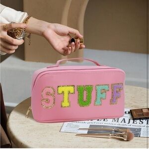 Lot of 2 Pink‎ letter patch chenille cosmetic and travel bag.